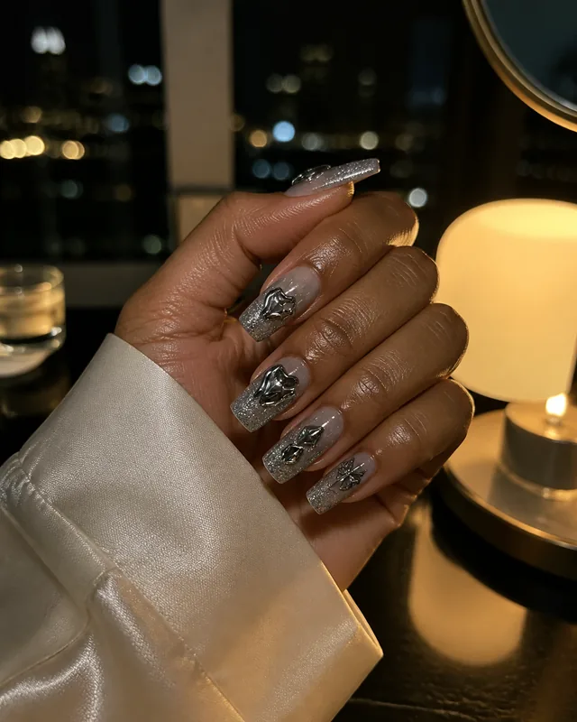 Noir Crystal Press-On Nails worn on hand