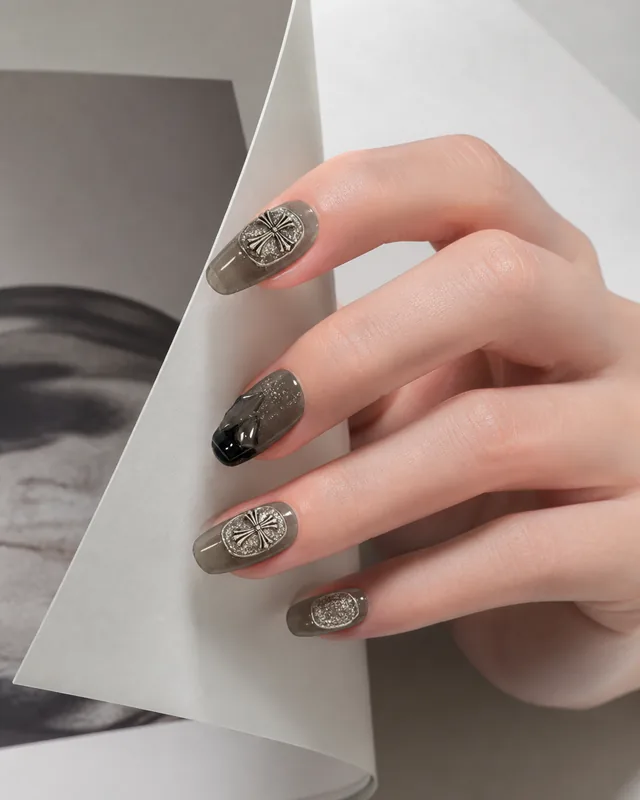 Smoke Gothic Cross Press-On Nails worn on hand