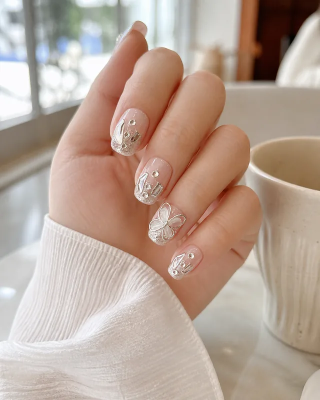 Ice Crystal Butterfly Press-On Nails worn on hand
