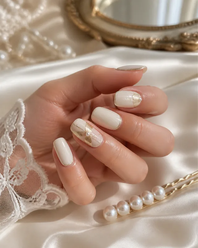 Milky Ribbon Press-On Nails worn on hand