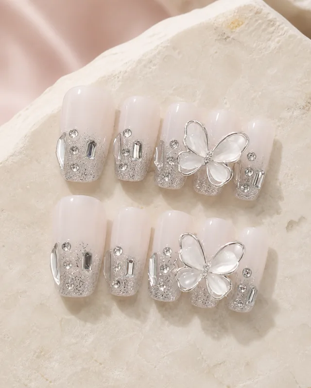 Ice Crystal Butterfly Coffin Press-On Nails product photograph