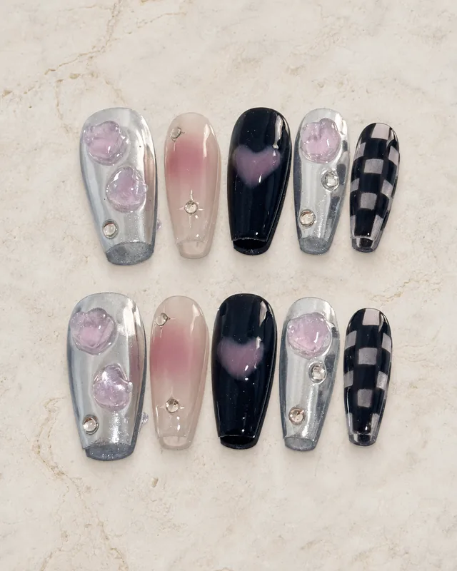 Black & Pink Sweetheart Plaid Press-On Nails product photograph