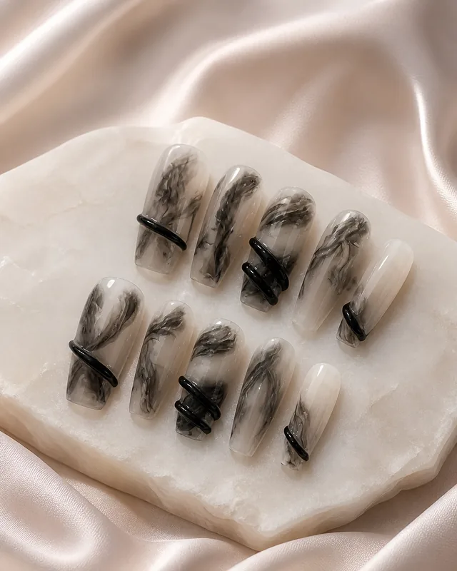 Black Wrapped Lines Press-On Nails product photograph
