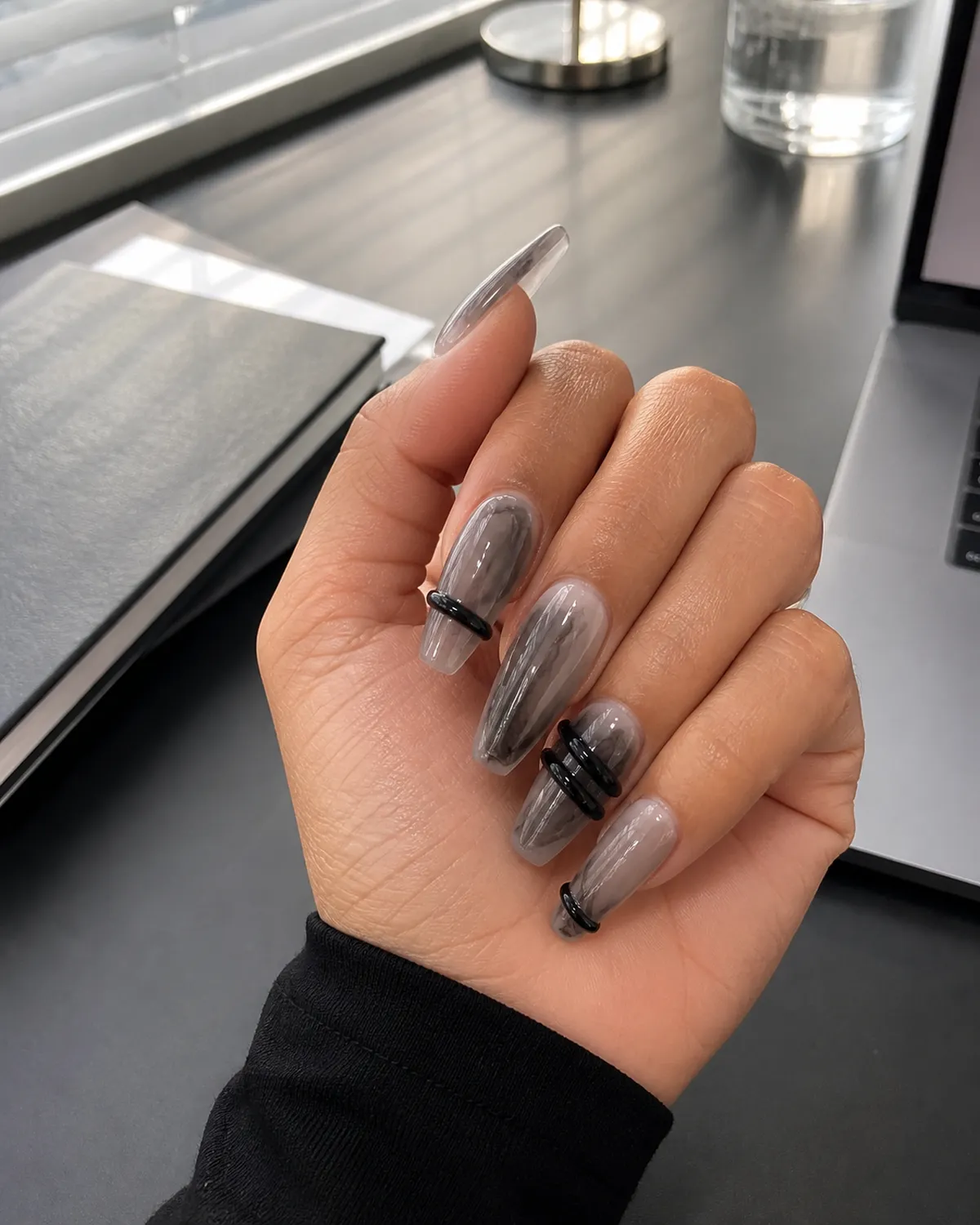 Black Wrapped Lines Press-On Nails view 2