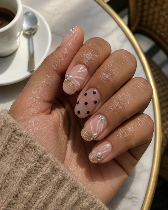 Polka-Dot Ribbon Press-On Nails worn on hand