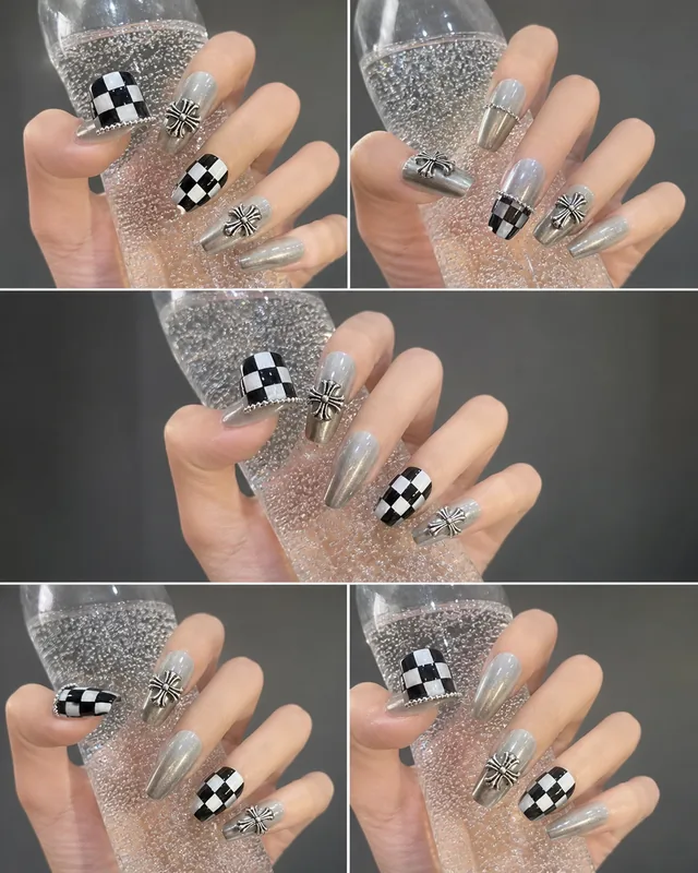 Checkerboard Press-On Nails worn on hand