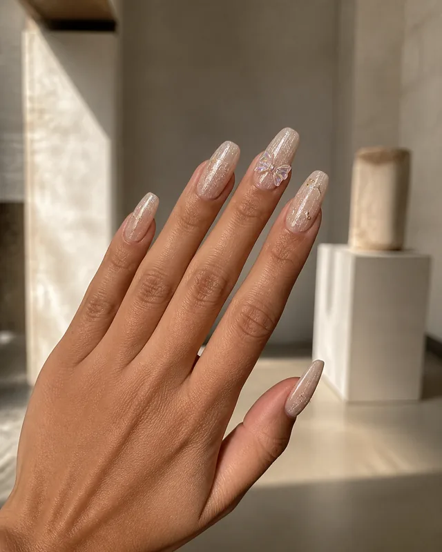 Asymmetric Nude Press-On Nails worn on hand