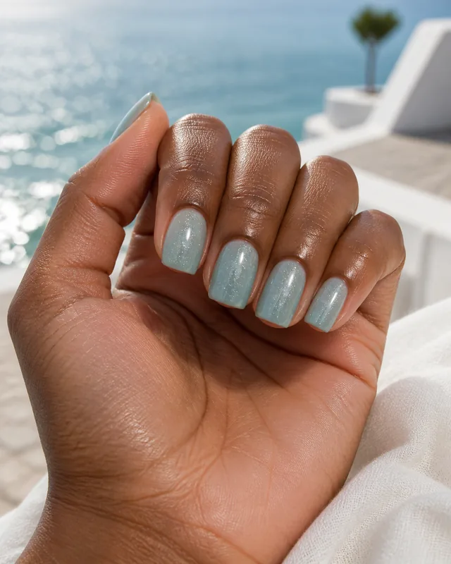Ice Blue Cat-Eye Press-On Nails worn on hand