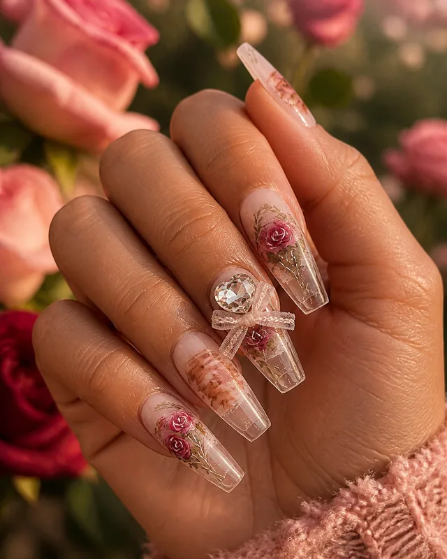 Rose Rhapsody Press-On Nails worn on hand
