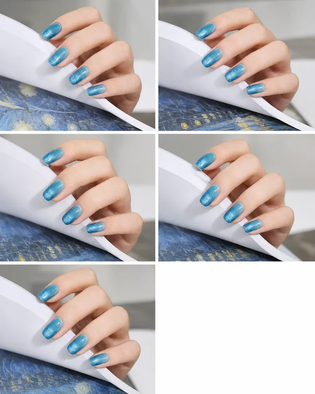 Blue Cat-Eye Press-On Nails worn on hand
