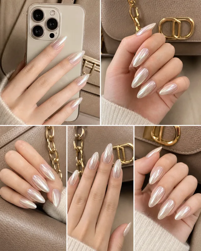 Pink Mirror Almond Press-On Nails worn on hand