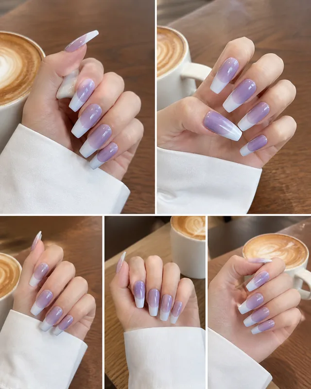 Purple Negative-Space French Press-On Nails worn on hand